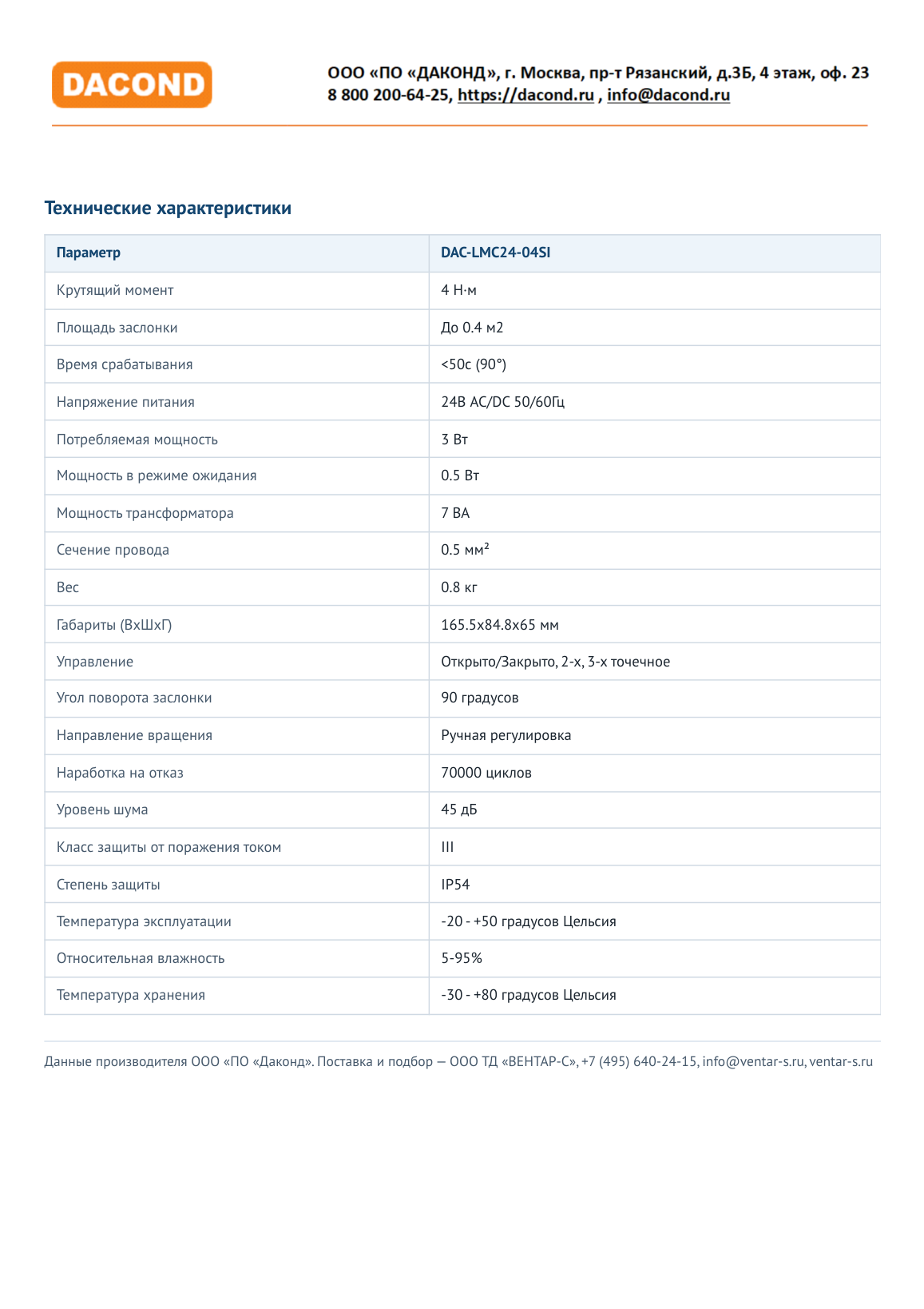 Привод воздушной заслонки DAC-LMC24-04SI